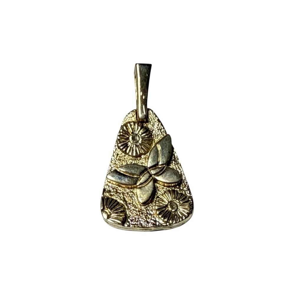 Vintage PLC Gold Tone Butterfly Flower Pendant Textured Floral Statement Jewelry - Picture 2 of 6